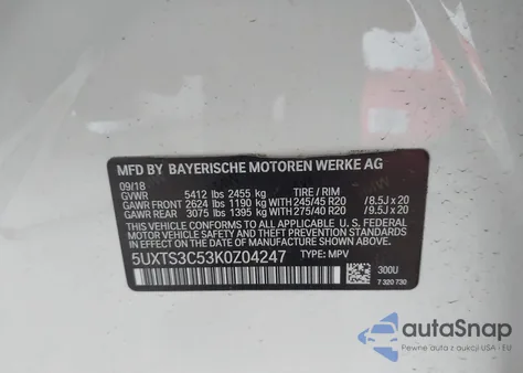 2019 BMW X3 xDrivem40I z USA, uszkodzony, nr VIN 5UXTS3C53K0Z04247